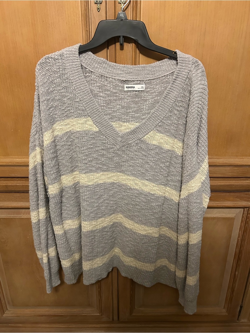 Sonoma Gray and Cream Striped V-Neck Sweater